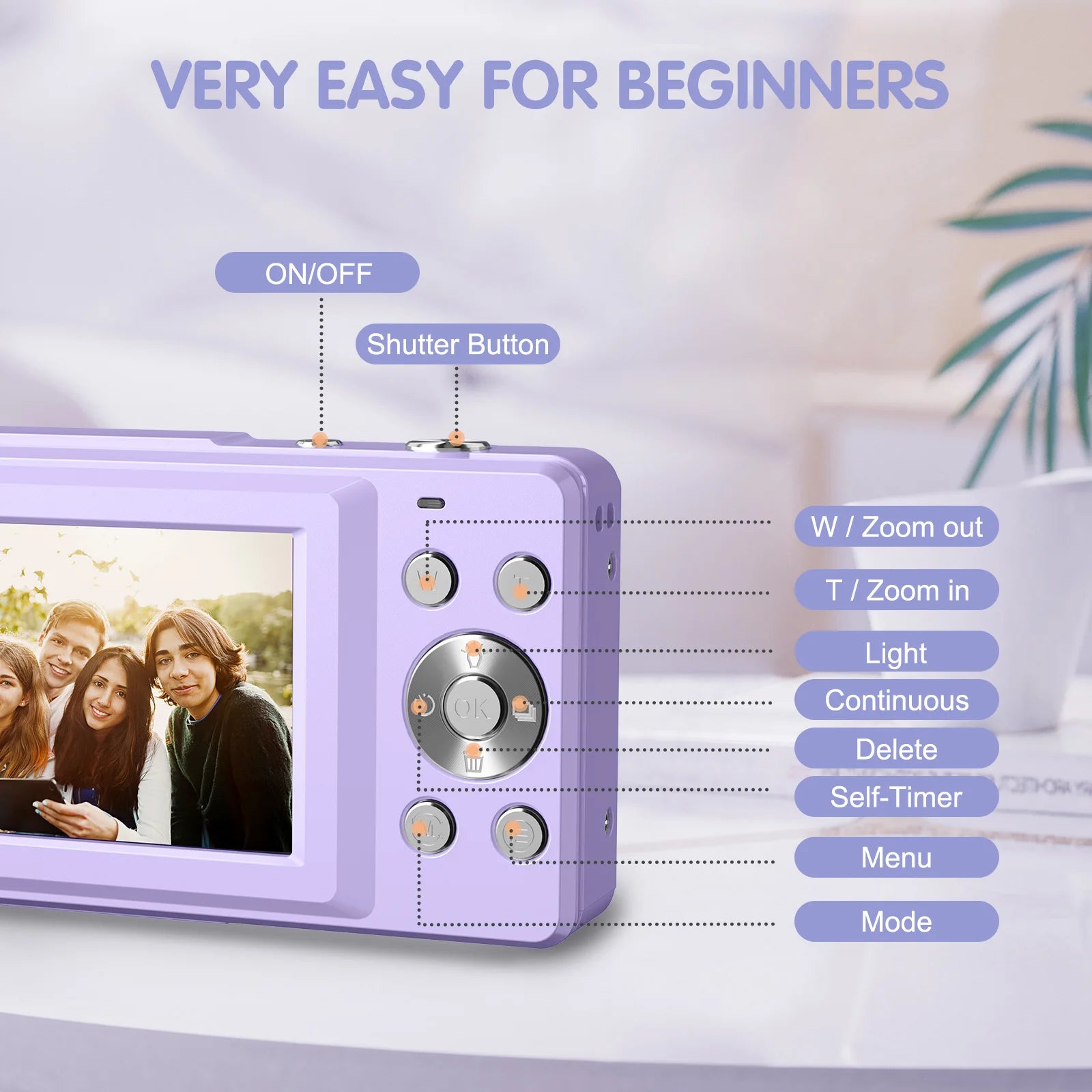 ZOSTUIC Digital Camera, FHD 1080P Camera, Digital Point and Shoot Camera with 16X Zoom Anti Shake, 32G Card Compact Purple Cam