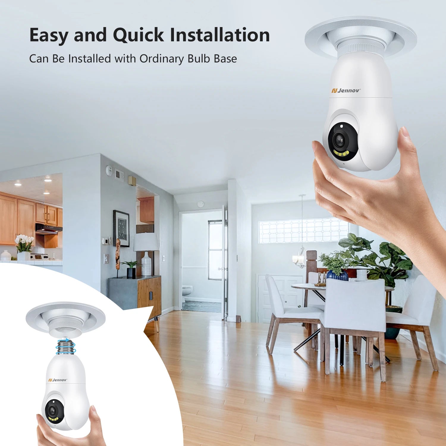 Jennov 2K/3MP Light Bulb Security Camera, 2.4Ghz Wi-Fi Security Camera Wireless Outdoor, 360° Indoor Light Socket Camera