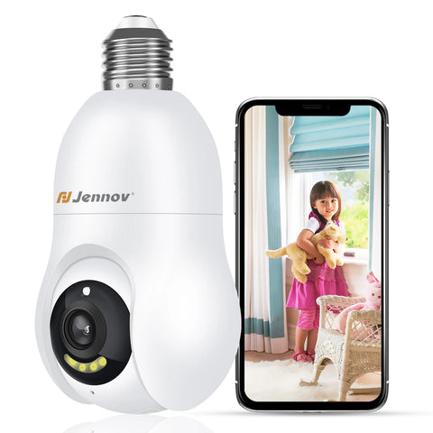 Jennov 2K/3MP Light Bulb Security Camera, 2.4Ghz Wi-Fi Security Camera Wireless Outdoor, 360° Indoor Light Socket Camera