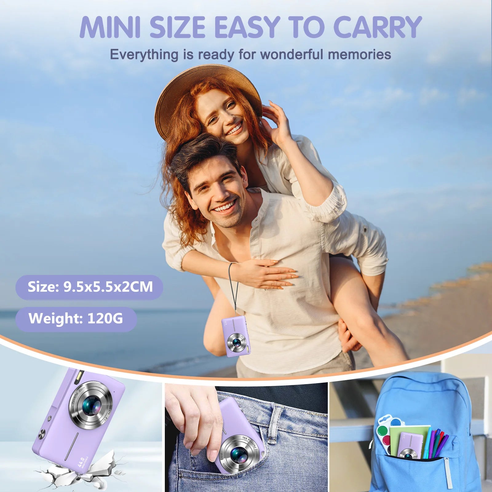 ZOSTUIC Digital Camera, FHD 1080P Camera, Digital Point and Shoot Camera with 16X Zoom Anti Shake, 32G Card Compact Purple Cam