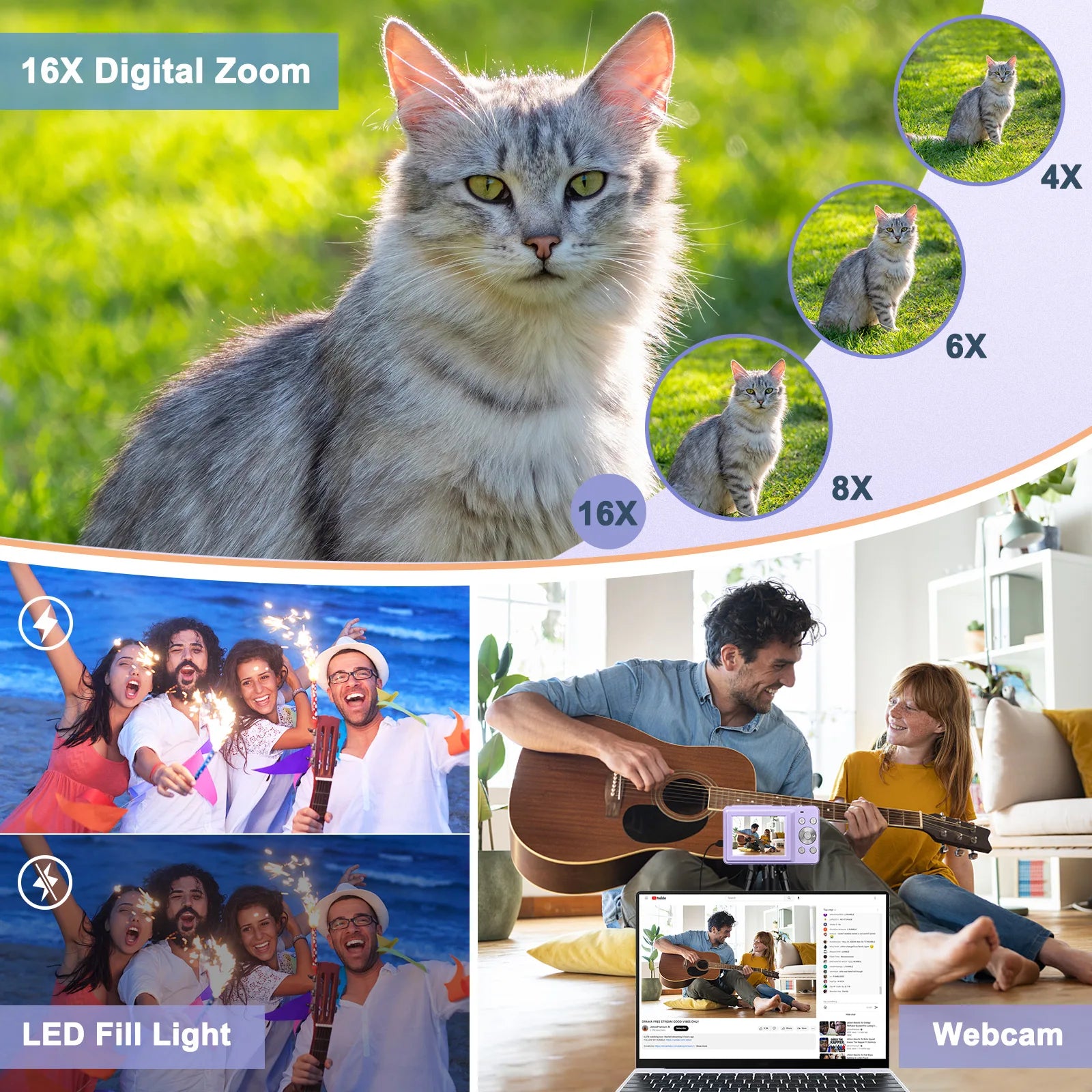 ZOSTUIC Digital Camera, FHD 1080P Camera, Digital Point and Shoot Camera with 16X Zoom Anti Shake, 32G Card Compact Purple Cam