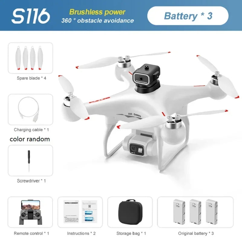 S116 MAX Drone Professional with 3 Batteries 8K Dual Camera Optical Flow Brushless 360° Obstacle Avoidance WIFI FPV RC Dron Toys