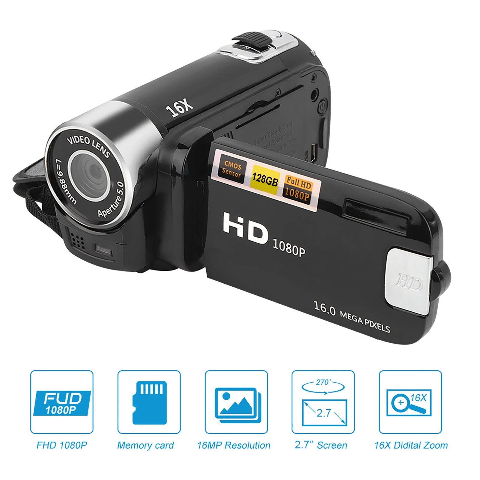 DH‑90 16X Digital Zoom 2.7 Inch Colourful Display Screen High Definition Camera Image Video Shooting Camcorder DV Camcorder