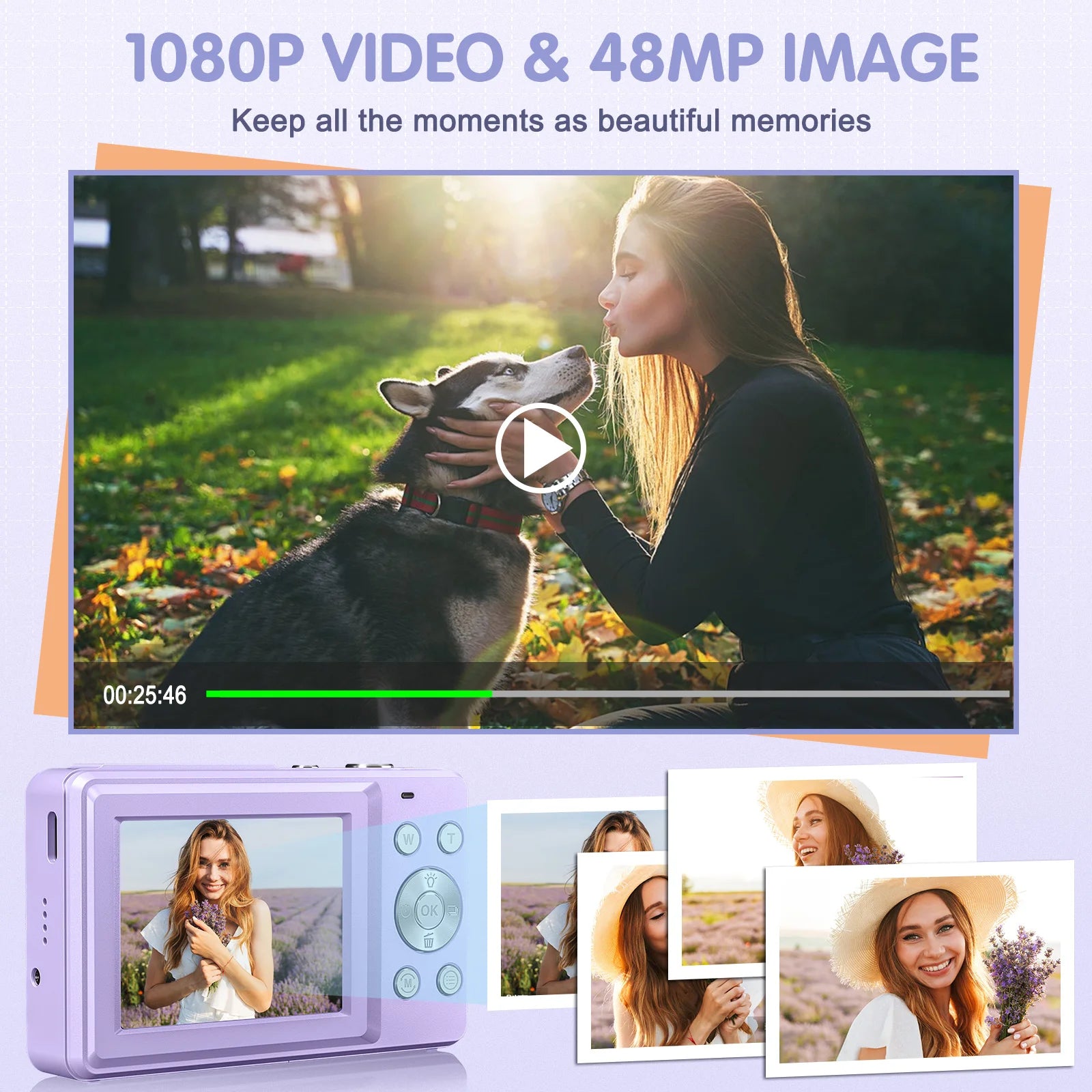 ZOSTUIC Digital Camera, FHD 1080P Camera, Digital Point and Shoot Camera with 16X Zoom Anti Shake, 32G Card Compact Purple Cam