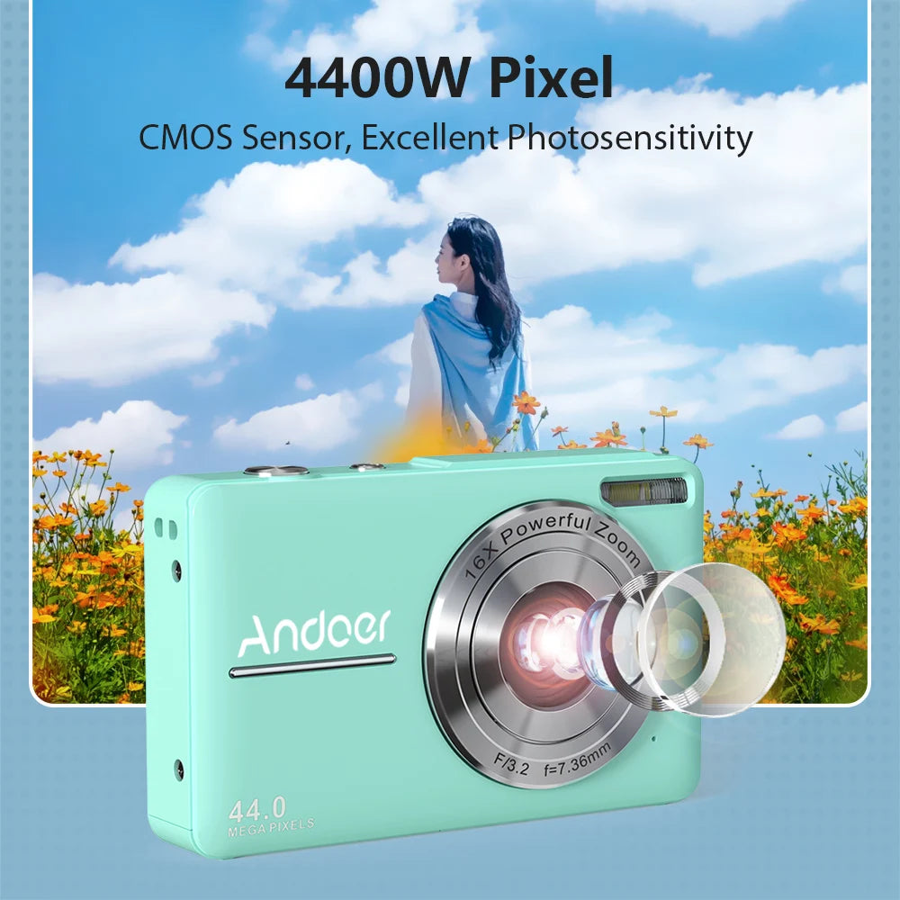 Andoer Portable 1080P Digital Camera Video Camcorder 44MP Auto Focus 2.5 IPS Screen 16X Digital Zoom Anti-shake Gift for Kids